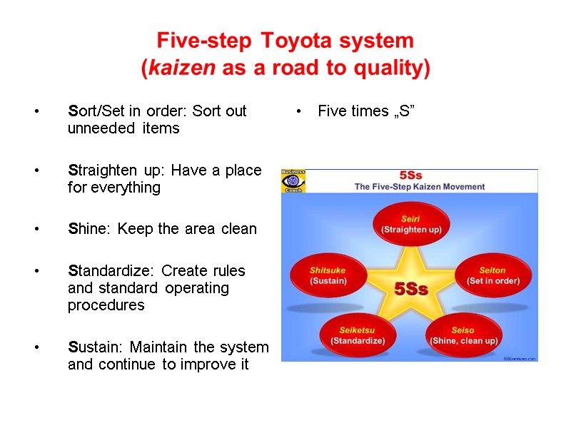 Five-step Toyota system (kaizen as a road to quality) Sort/Set in order: Sort out